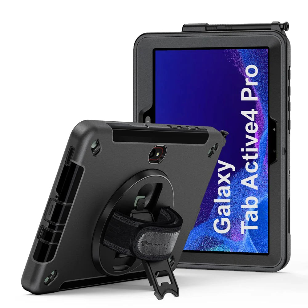 RIN-SS-X350 | Samsung Galaxy Tab Active5 Pro SM-X350 SM-X356 / Active4 Pro SM-T630 T636 DM-638U / Active Pro SM-T545 T547 | Rainproof military grade rugged case with hand strap and kick-stand