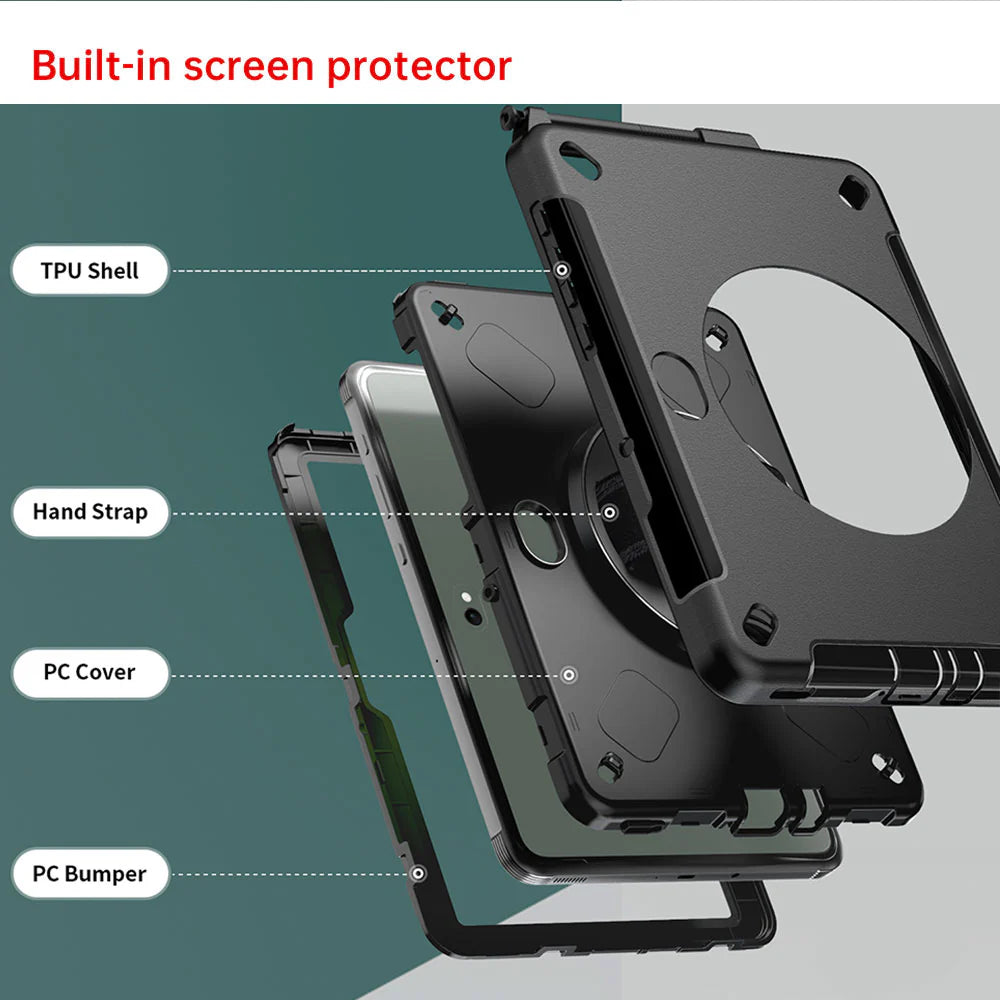 RIN-SS-X350 | Samsung Galaxy Tab Active5 Pro SM-X350 SM-X356 / Active4 Pro SM-T630 T636 DM-638U / Active Pro SM-T545 T547 | Rainproof military grade rugged case with hand strap and kick-stand