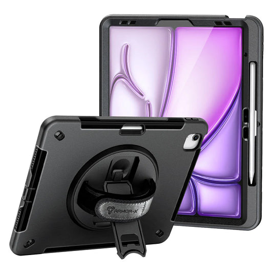 RIN-iPad-A6 | iPad Air 13 ( M2/M3 ) | Rainproof military grade rugged case with hand strap & kick-stand (built-in screen protector)