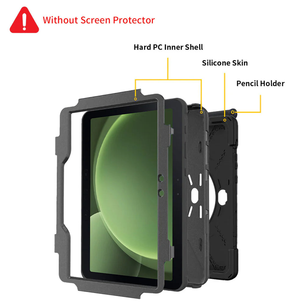 JVN-SS-X350 | Samsung Galaxy Tab Active5 Pro SM-X350 SM-X356 / Active4 Pro SM-T630 T636 DM-638U / Active Pro SM-T545 T547 | Ultra 3 Layers Shockproof Rugged Case With VESA 75x75mm Mounting Holes & Kick-stand