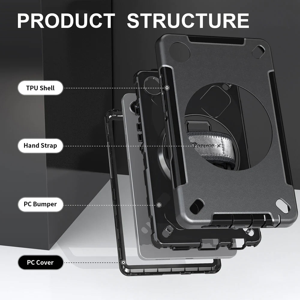 RIN-SS-X110 | Samsung Galaxy Tab A9 ( 8.7" ) SM-X110 / SM-X115 | Rainproof military grade rugged case with hand strap and kick-stand