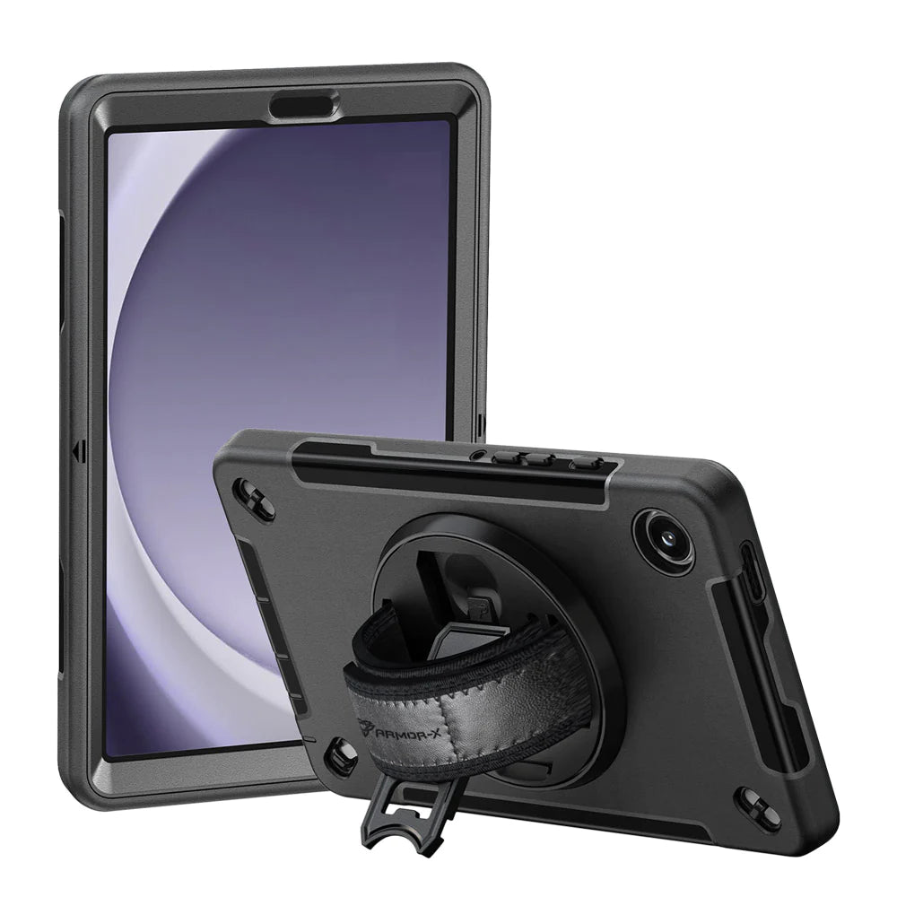 Samsung Galaxy Tab A9 ( 8.7" ) SM-X110 / SM-X115 | Rainproof military grade rugged case with hand strap and kick-stand | RIN-SS-X110