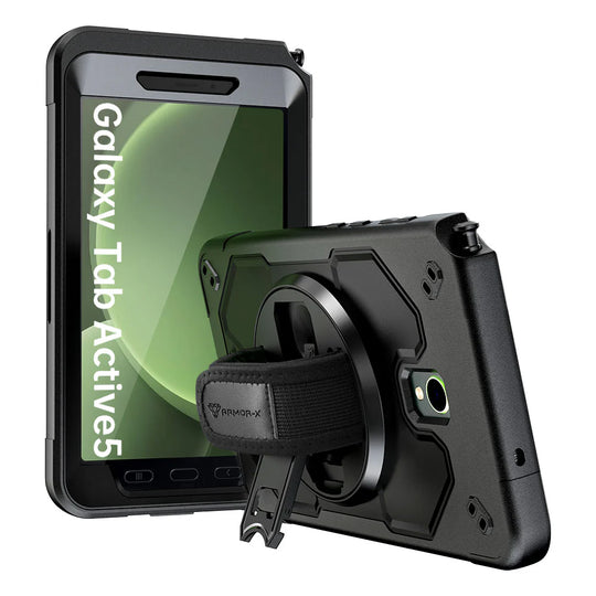 Samsung Galaxy Tab Active 5 SM-X306B / Tab Active3 SM-T570 SM-T575 SM-T577 | Rainproof military grade rugged case with hand strap and kick-stand | RIN-SS-X306