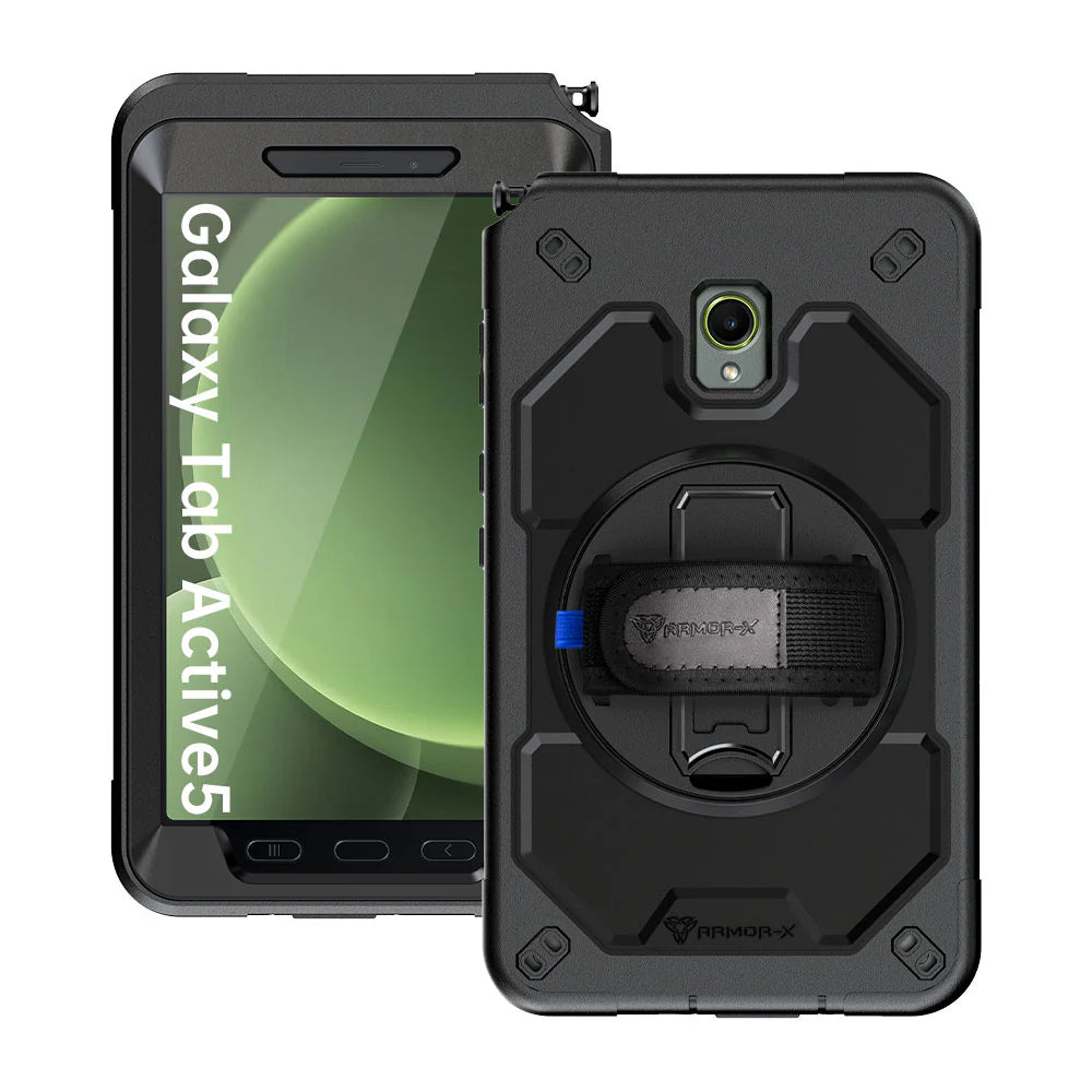 Samsung Galaxy Tab Active 5 SM-X306B / Tab Active3 SM-T570 SM-T575 SM-T577 | Rainproof military grade rugged case with hand strap and kick-stand | RIN-SS-X306