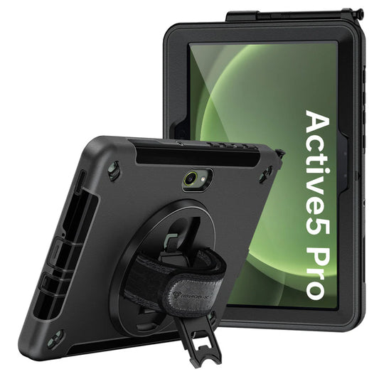 RIN-SS-X350 | Samsung Galaxy Tab Active5 Pro SM-X350 SM-X356 / Active4 Pro SM-T630 T636 DM-638U / Active Pro SM-T545 T547 | Rainproof military grade rugged case with hand strap and kick-stand