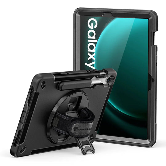 Samsung Galaxy Tab S9 FE SM-X510 X516 X518 | Rainproof military grade rugged case with hand strap and kick-stand | RIN-SS-X510