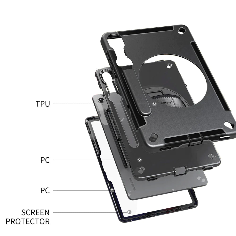 Samsung Galaxy Tab S9 FE SM-X510 X516 X518 | Rainproof military grade rugged case with hand strap and kick-stand | RIN-SS-X510