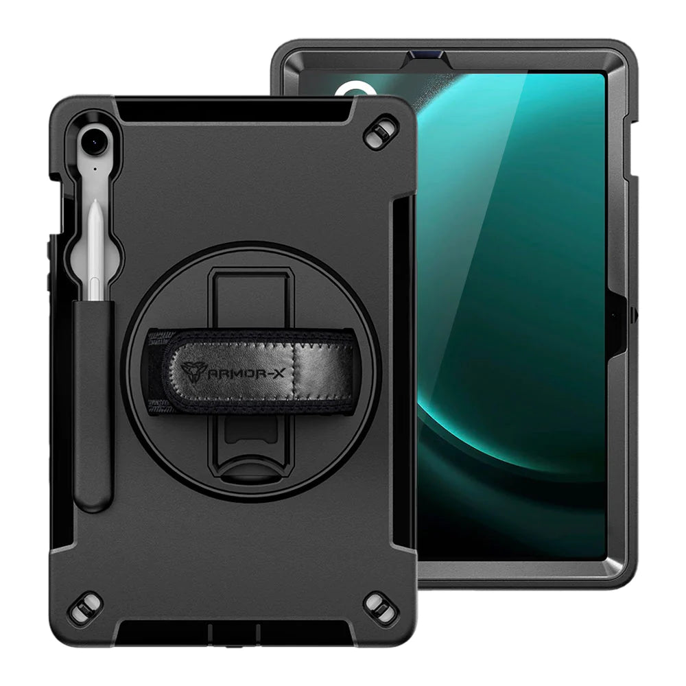 Samsung Galaxy Tab S9 FE SM-X510 X516 X518 | Rainproof military grade rugged case with hand strap and kick-stand | RIN-SS-X510