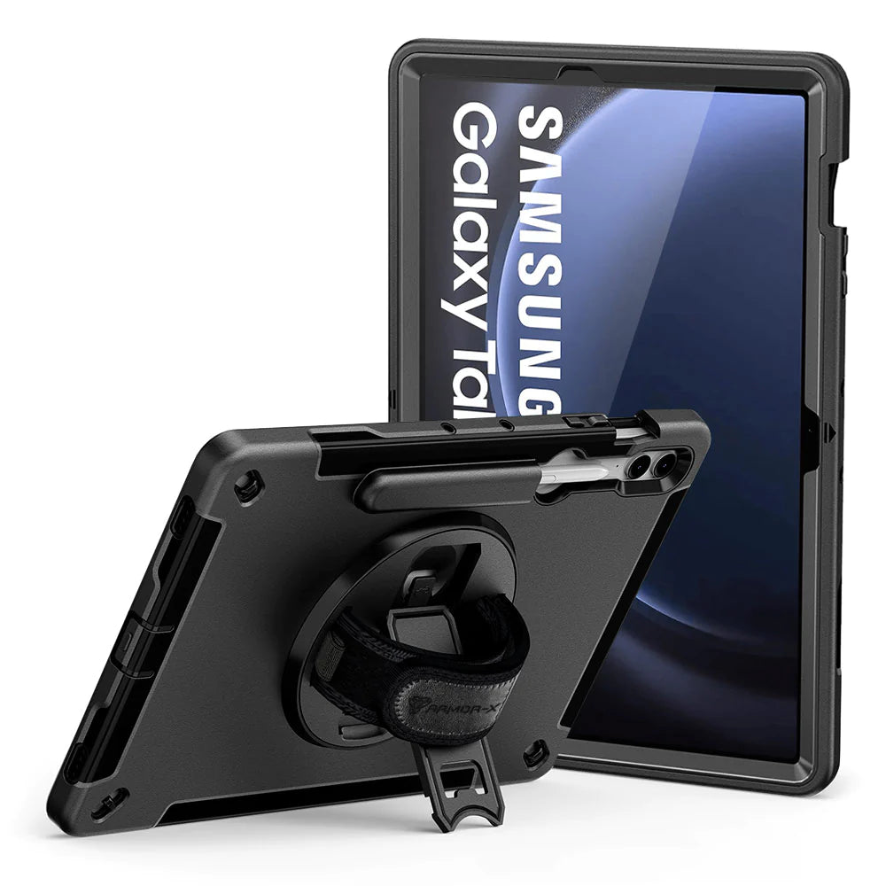 Samsung Galaxy Tab S9 FE+ S9 FE Plus SM-X610 X616 X618 | Rainproof military grade rugged case with hand strap and kick-stand | RIN-SS-X610