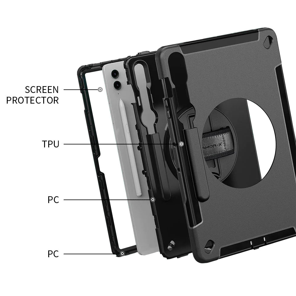 Samsung Galaxy Tab S9 FE+ S9 FE Plus SM-X610 X616 X618 | Rainproof military grade rugged case with hand strap and kick-stand | RIN-SS-X610