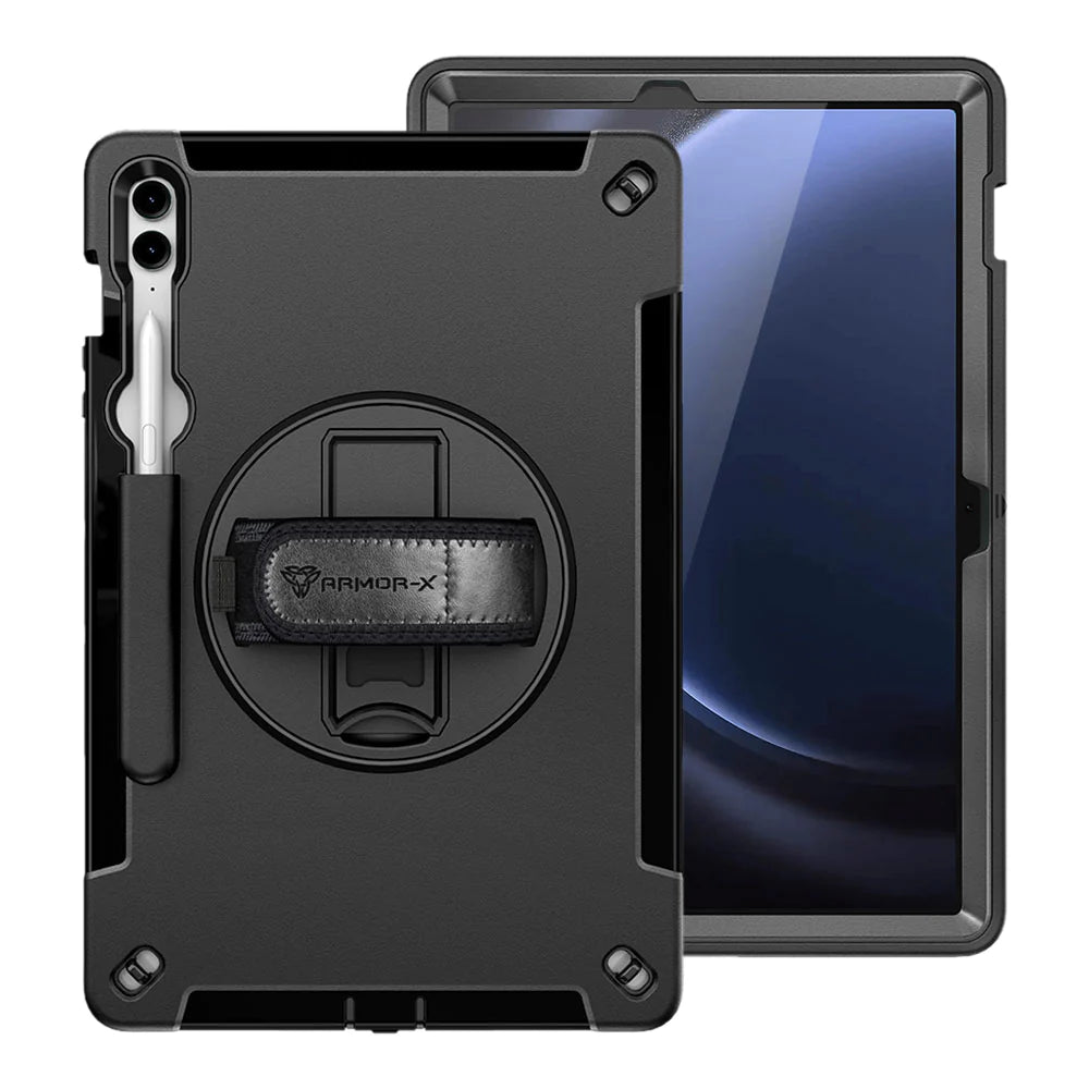 Samsung Galaxy Tab S9 FE+ S9 FE Plus SM-X610 X616 X618 | Rainproof military grade rugged case with hand strap and kick-stand | RIN-SS-X610