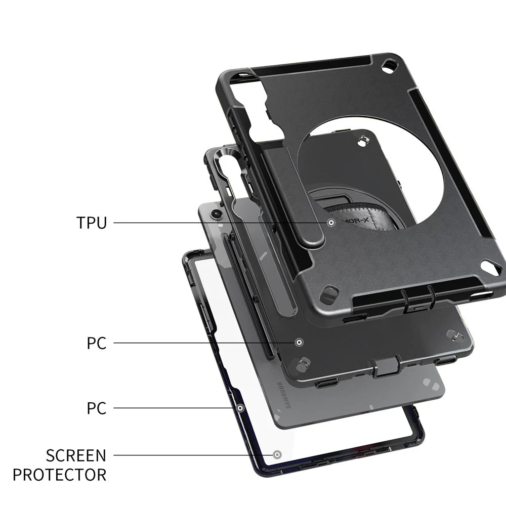 Samsung Galaxy Tab S11 SM-X730 / X736 / X738 | Rainproof military grade rugged case with hand strap and kick-stand | RIN-SS-X730