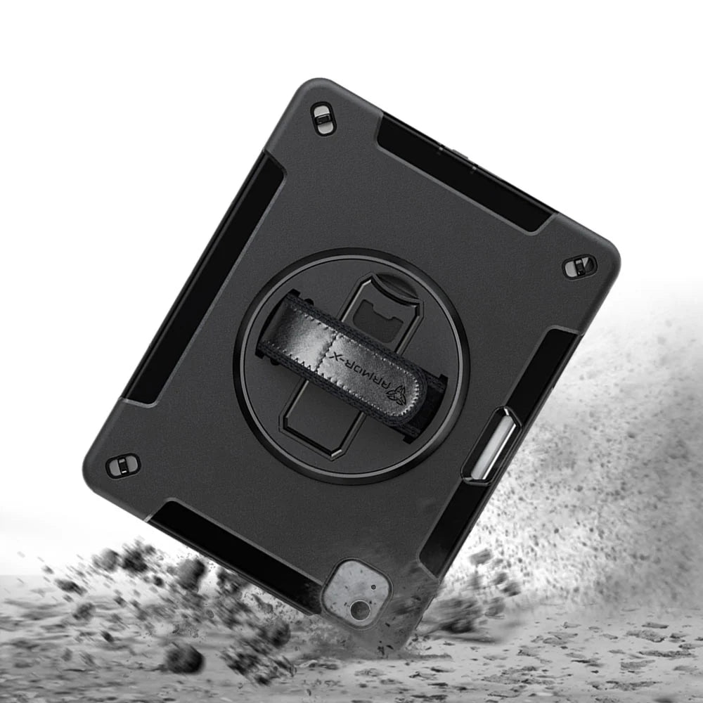 RIN-iPad-A4 | iPad Air 4 2020 / iPad Air 5 2022 | Rainproof military grade rugged case with hand strap & kick-stand & pen holder