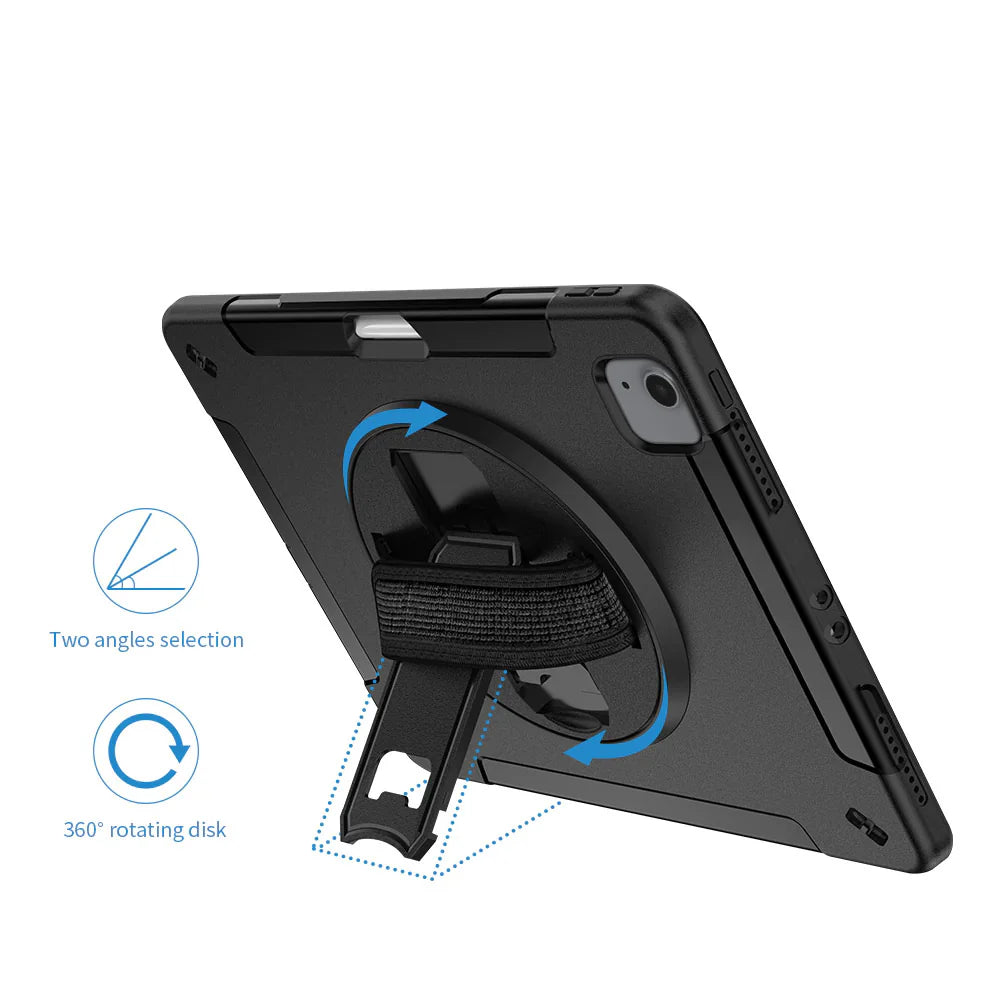 RIN-iPad-A4 | iPad Air 4 2020 / iPad Air 5 2022 | Rainproof military grade rugged case with hand strap & kick-stand & pen holder