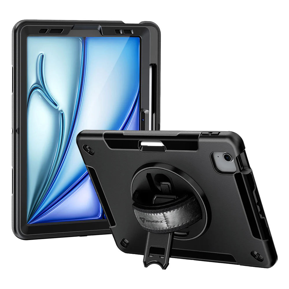 iPad Air 11 ( M2/M3 ) | Rainproof military grade rugged case with hand strap & kick-stand (built-in screen protector) | RIN-iPad-A5