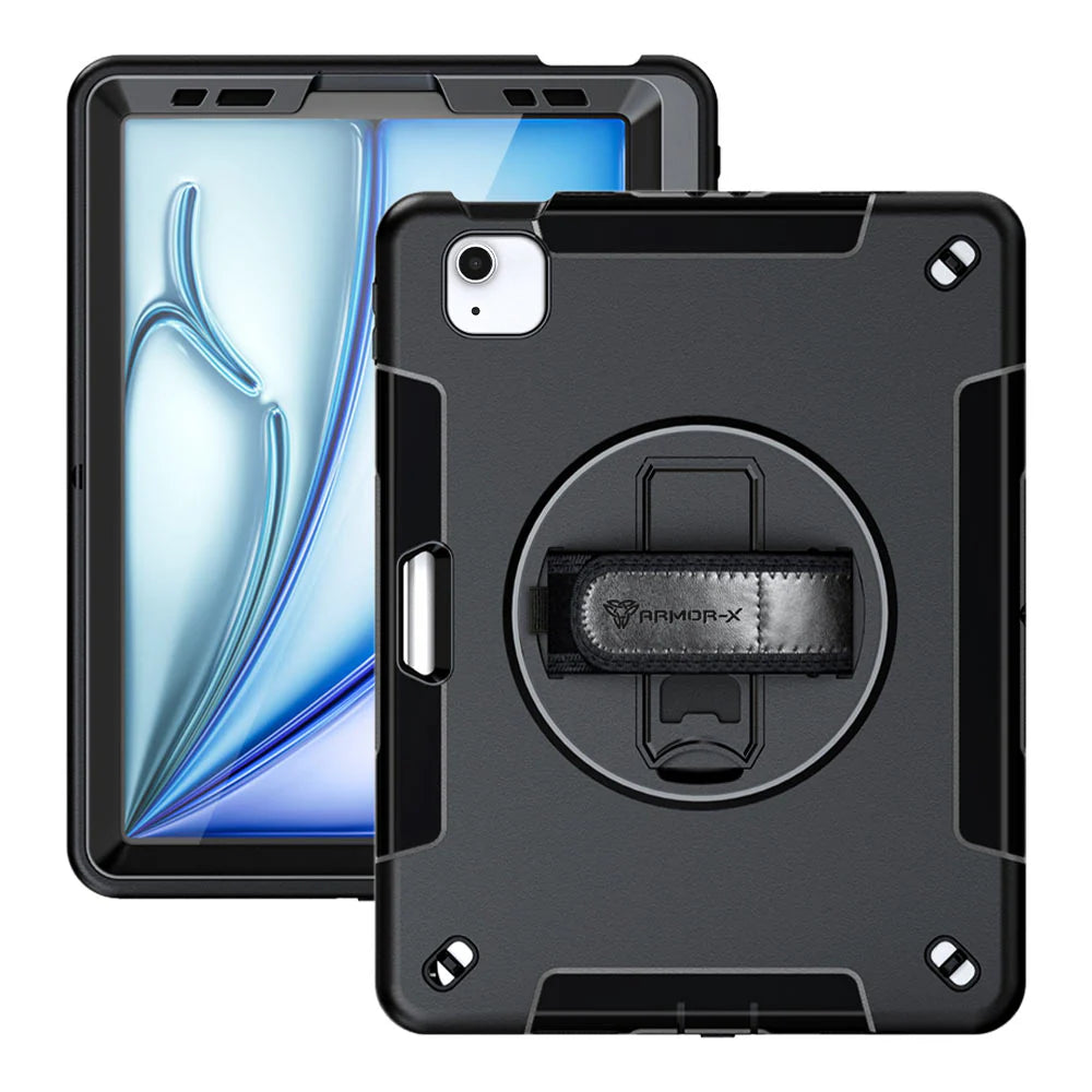 iPad Air 11 ( M2/M3 ) | Rainproof military grade rugged case with hand strap & kick-stand (built-in screen protector) | RIN-iPad-A5