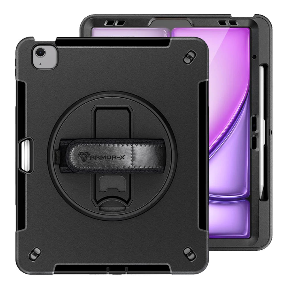iPad Air 13 ( M2/M3 ) | Rainproof military grade rugged case with hand strap & kick-stand (built-in screen protector) | RIN-iPad-A6