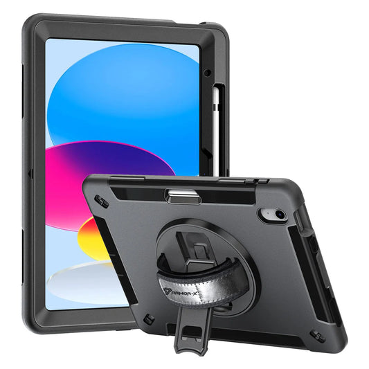 RIN-iPad-N5P | iPad 10.9 (10th Gen.) | Rainproof military grade rugged case with hand strap and kick-stand & Built in pen holder