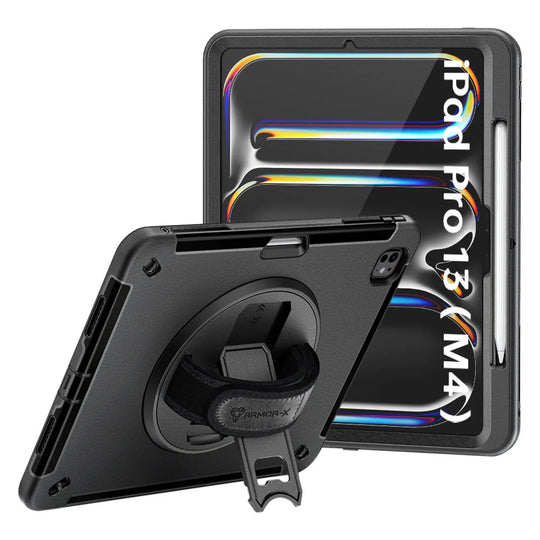 iPad Pro 13 ( M4/M5 ) | Rainproof military grade rugged case with hand strap & kick-stand (built-in screen protector) | RIN-iPad-PR10