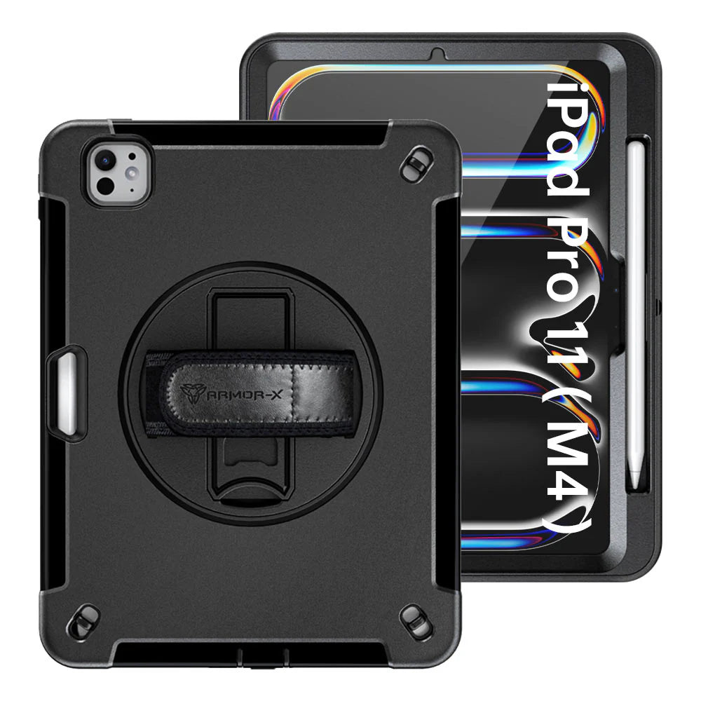 iPad Pro 11 ( M4/M5 ) | Rainproof military grade rugged case with hand strap & kick-stand (built-in screen protector) | RIN-IPAD-PR11