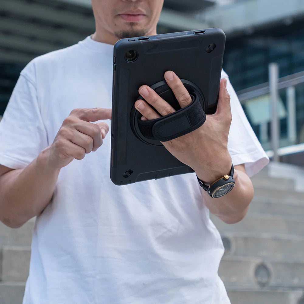 Samsung Galaxy Tab S9 FE+ S9 FE Plus SM-X610 X616 X618 | Rainproof military grade rugged case with hand strap and kick-stand | RIN-SS-X610