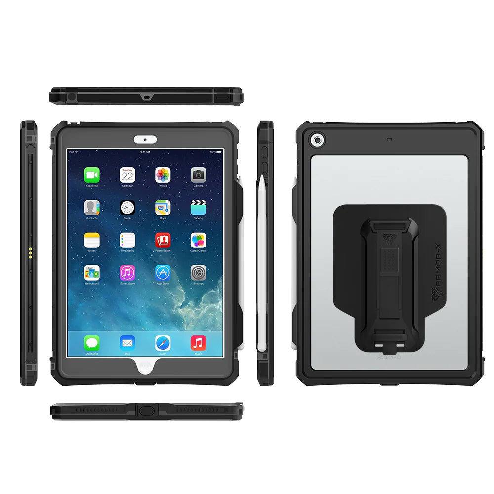 MXK-A10S | iPad 10.2 (7th & 8th & 9th Gen.) 2019 / 2020 / 2021 | IP68 Waterproof Case W/ Keyboard Connector, Pencil Holder, Hand Strap, Kickstand & X-mount