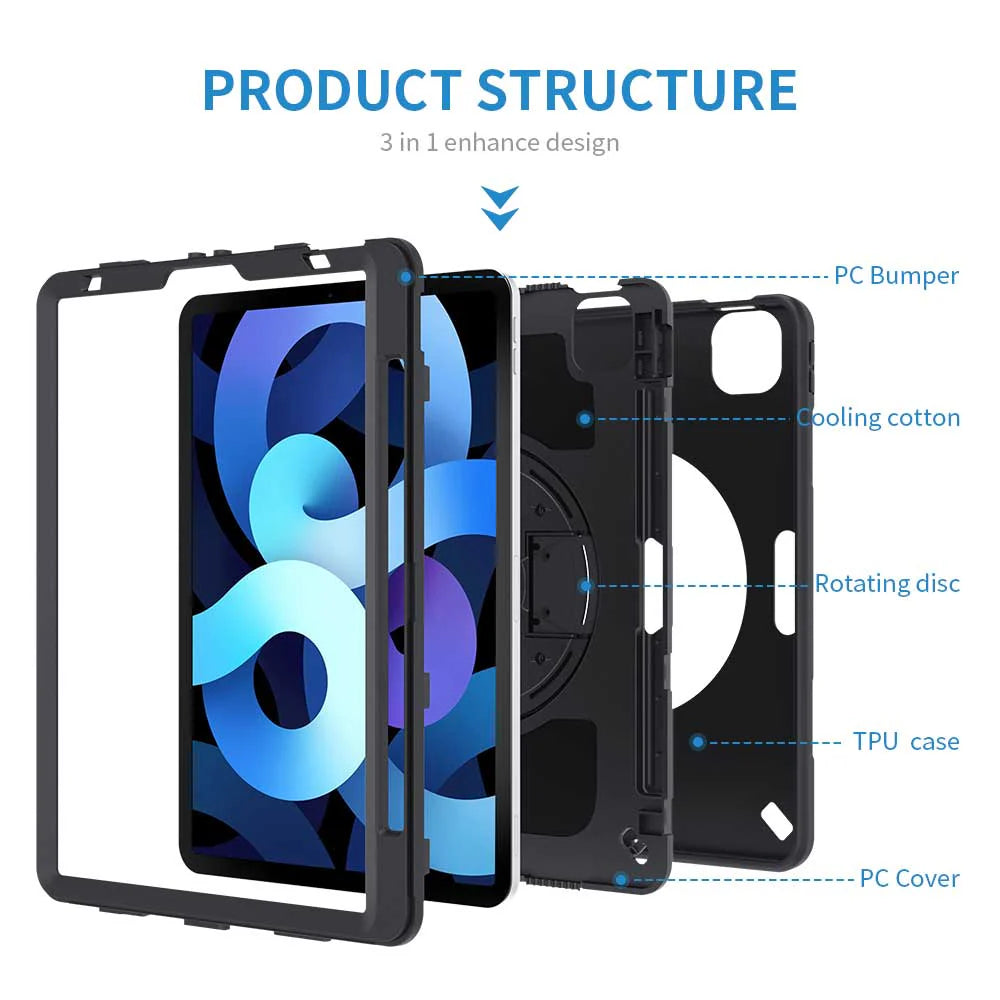 RIN-iPad-A4 | iPad Air 4 2020 / iPad Air 5 2022 | Rainproof military grade rugged case with hand strap & kick-stand & pen holder