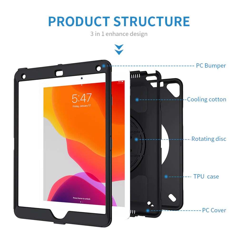 iPad 10.2 (7TH & 8TH GEN.) 2019 / 2020 | Rainproof military grade rugged case with hand strap and kick-stand | RIN-iPad-N3S