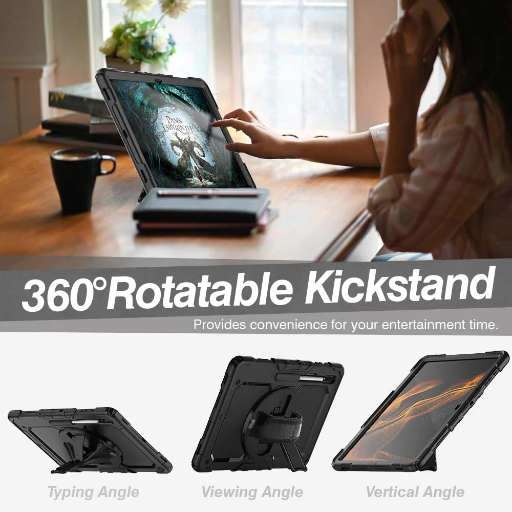 GEN-SS-X900 | Samsung Galaxy Tab S8 Ultra SM-X900 / X906 | Rainproof military grade rugged case with hand strap and kick-stand