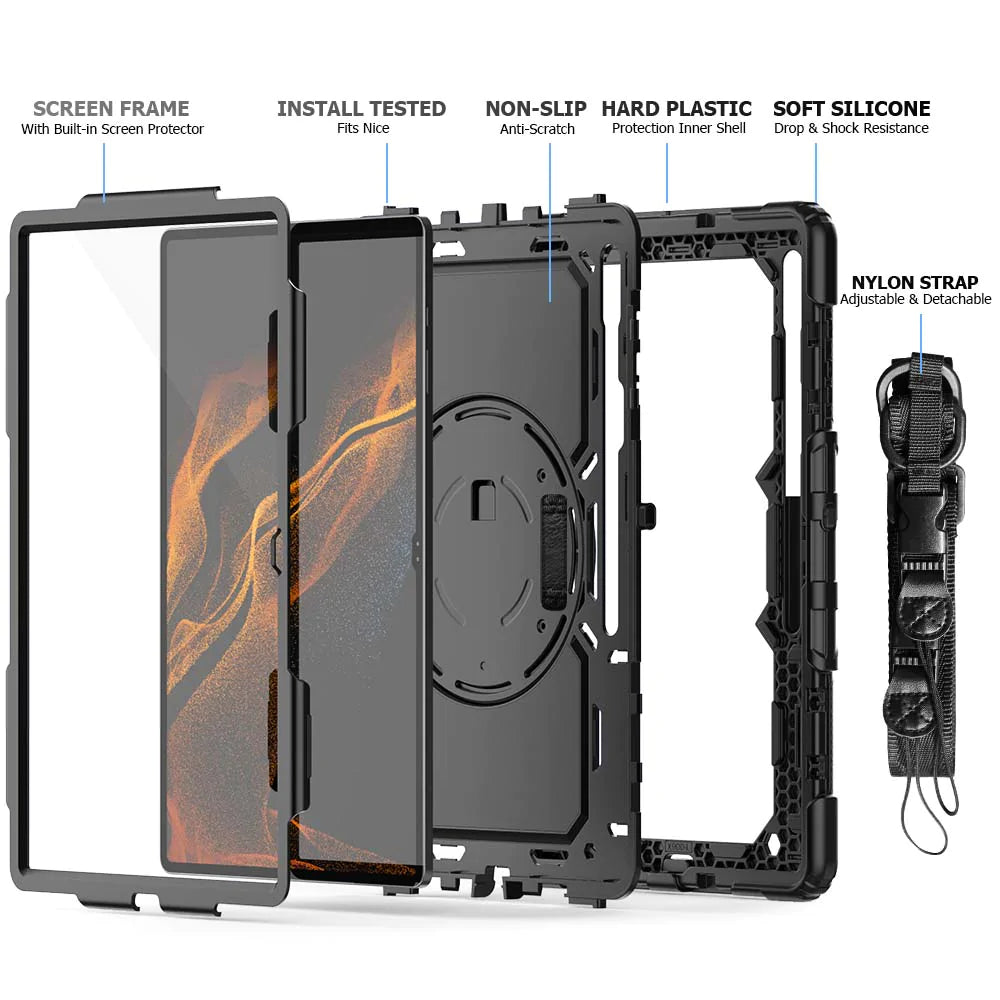 GEN-SS-X900 | Samsung Galaxy Tab S8 Ultra SM-X900 / X906 | Rainproof military grade rugged case with hand strap and kick-stand
