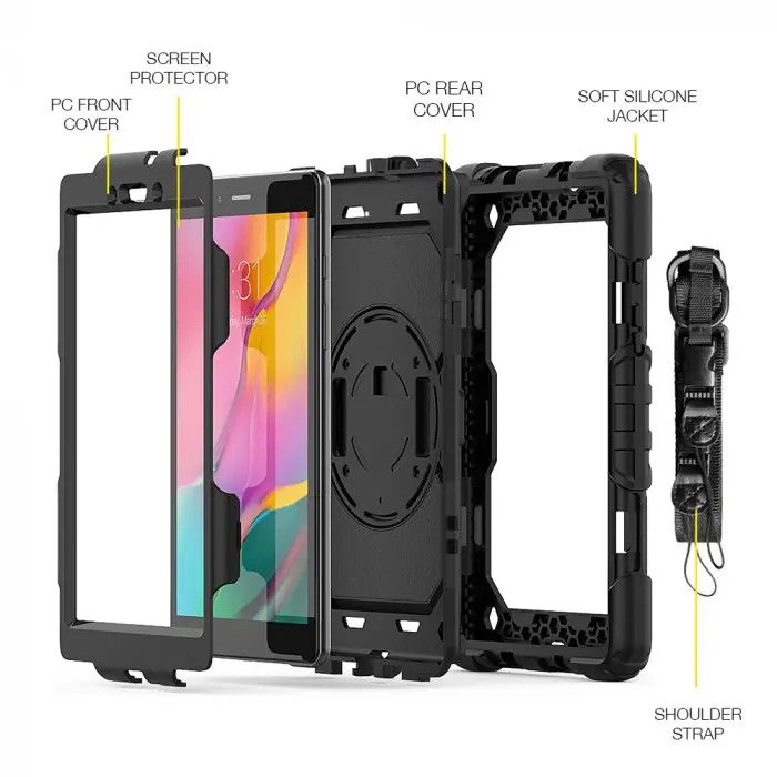 Samsung Galaxy Tab A 8.0 (2019) T290 T295 | Rainproof Military Grade Rugged Case With Hand Strap And Kick-Stand | GEN-SS-T290