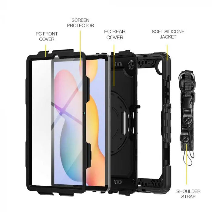 Samsung Galaxy Tab S6 Lite SM-P620 P625 (2024) / SM-P613 P619 (2022) / SM-P610 P615 (2020) | Rainproof military grade rugged case with hand strap and kick-stand | GEN-SS-P610