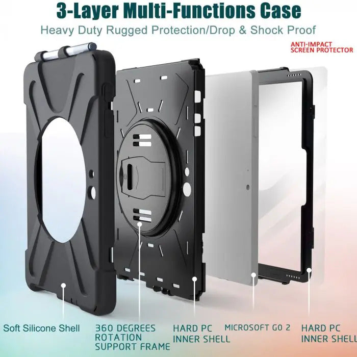 JLN-MS-SFGO2 | Microsoft Surface Go / Surface Go 2 / Surface Go 3 | Ultra 3 layers shockproof rugged case with hand strap and kick-stand