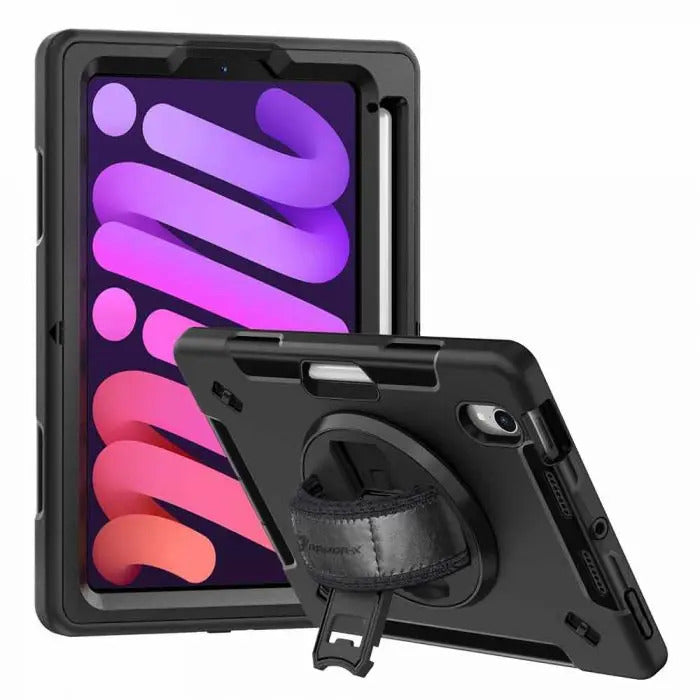 iPad Mini 6 / A17 Pro | Rainproof Military Grade Rugged Case With Hand Strap And Kick-Stand Supports Apple Pencil Wireless Charging | RIN-IPAD-M6