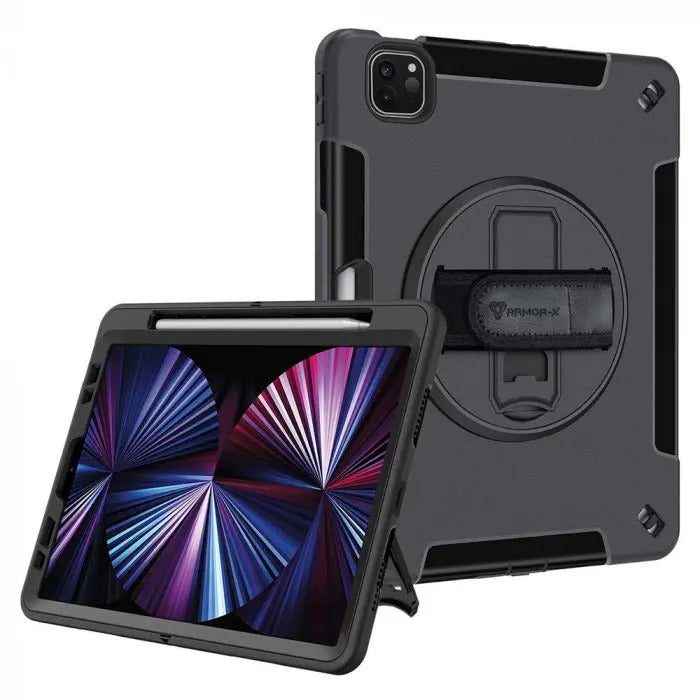 RIN-iPad-PR8 | iPad Pro 11 ( 1st / 2nd / 3rd / 4th Gen ) 2018 / 2020 / 2021 / 2022 | Rainproof military grade rugged case with hand strap & kick-stand & pen holder