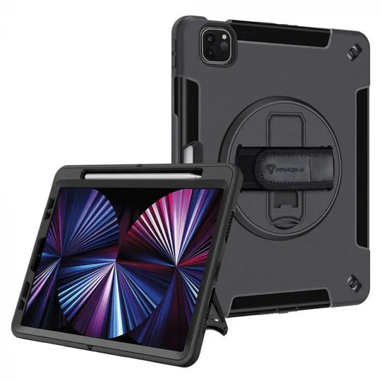 iPad Pro 11 ( 1st / 2nd / 3rd / 4th Gen ) 2018 / 2020 / 2021 / 2022 | Rainproof military grade rugged case with hand strap & kick-stand & pen holder | RIN-IPAD-PR8