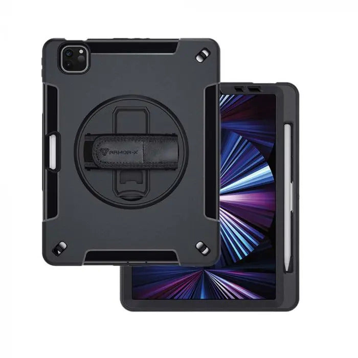 RIN-iPad-PR8 | iPad Pro 11 ( 1st / 2nd / 3rd / 4th Gen ) 2018 / 2020 / 2021 / 2022 | Rainproof military grade rugged case with hand strap & kick-stand & pen holder