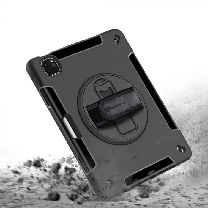 RIN-iPad-PR8 | iPad Pro 11 ( 1st / 2nd / 3rd / 4th Gen ) 2018 / 2020 / 2021 / 2022 | Rainproof military grade rugged case with hand strap & kick-stand & pen holder