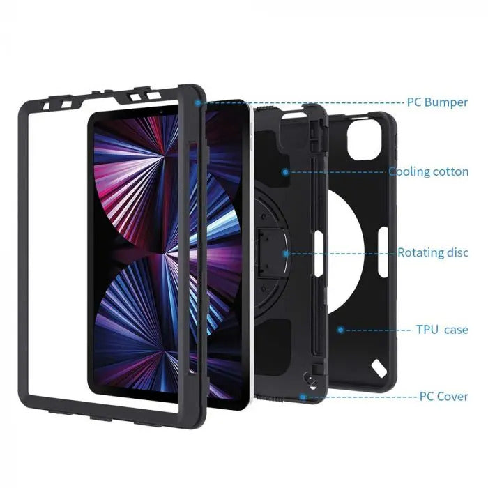 RIN-iPad-PR8 | iPad Pro 11 ( 1st / 2nd / 3rd / 4th Gen ) 2018 / 2020 / 2021 / 2022 | Rainproof military grade rugged case with hand strap & kick-stand & pen holder