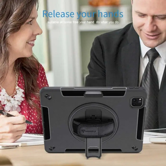 RIN-iPad-PR8 | iPad Pro 11 ( 1st / 2nd / 3rd / 4th Gen ) 2018 / 2020 / 2021 / 2022 | Rainproof military grade rugged case with hand strap & kick-stand & pen holder