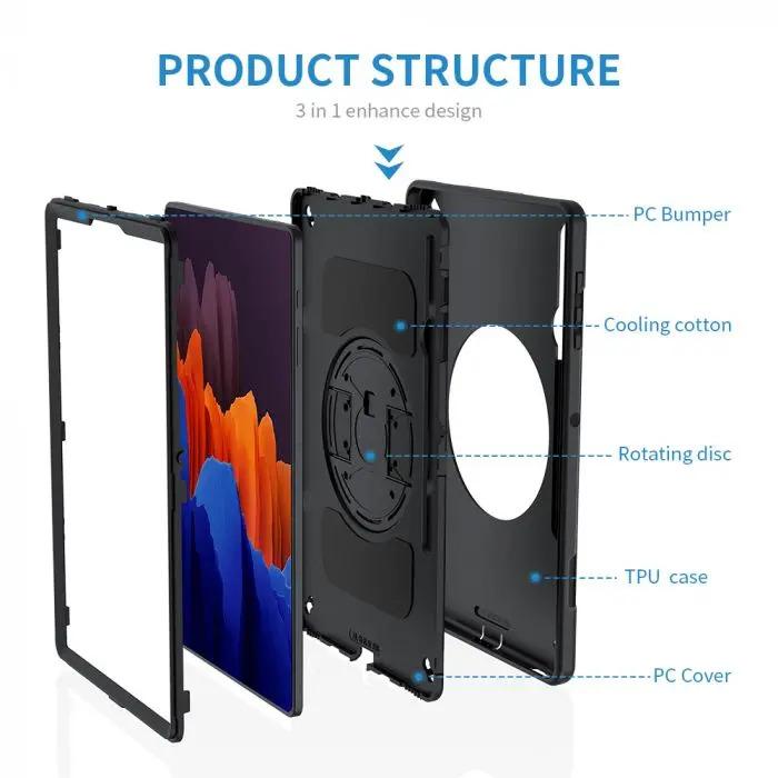 RIN-SS-X800 | Samsung Galaxy Tab S8+ S8 Plus SM-X800 / X806 & S7+ / S7 FE | Rainproof military grade rugged case with hand strap and kick-stand