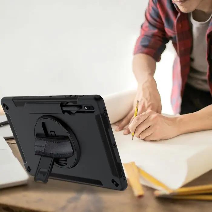RIN-SS-X800 | Samsung Galaxy Tab S8+ S8 Plus SM-X800 / X806 & S7+ / S7 FE | Rainproof military grade rugged case with hand strap and kick-stand