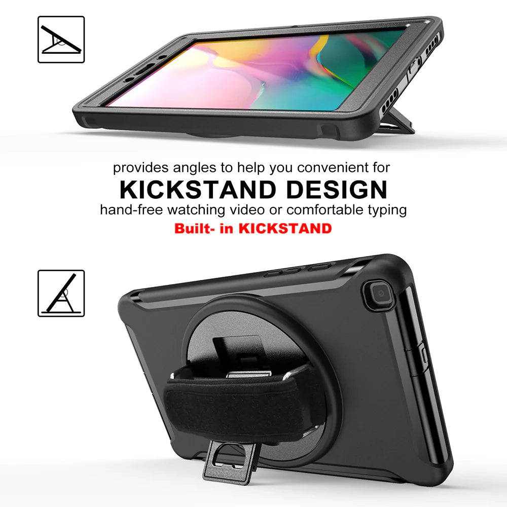 Samsung Galaxy Tab A 8.0 (2019) T290 T295 | Rainproof military grade rugged case with hand strap and kick-stand | RIN-SS-T290