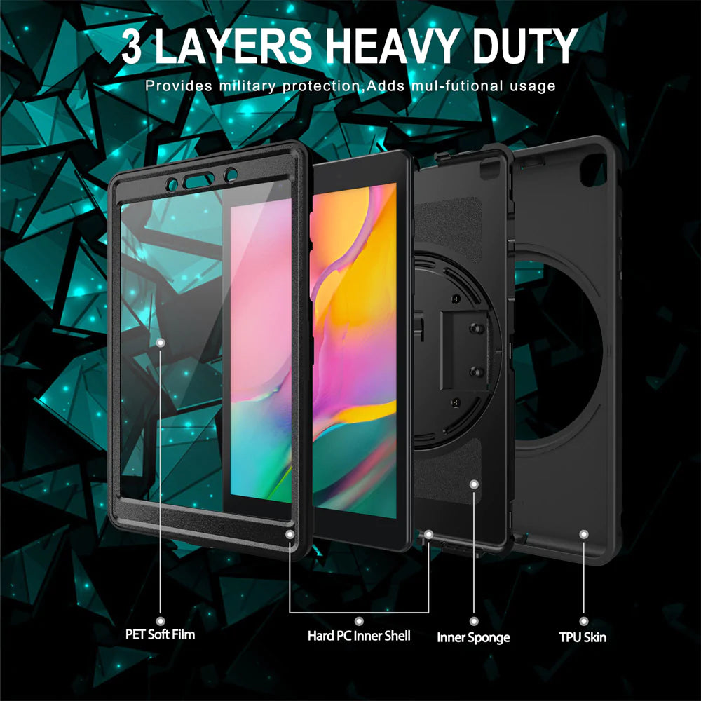 Samsung Galaxy Tab A 8.0 (2019) T290 T295 | Rainproof military grade rugged case with hand strap and kick-stand | RIN-SS-T290